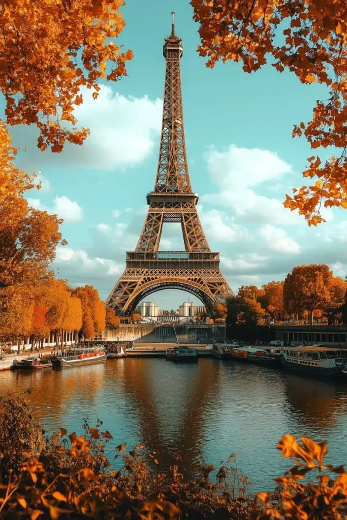 Iconic Eiffel Tower in Paris, France, standing tall against the sky, symbolizing romance and architectural elegance.