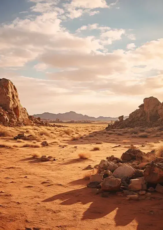 A picturesque view of the Kalahari Desert, featuring red sand dunes, sparse vegetation, and a clear blue sky, capturing the unique charm and tranquility of this remarkable desert landscape.