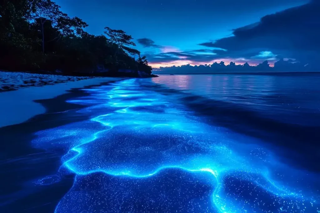 Experience the stunning beauty of bioluminescent beaches, where nature's glowing marvels light up the coastline with a magical shimmer after sunset, creating a captivating and mesmerizing sight.