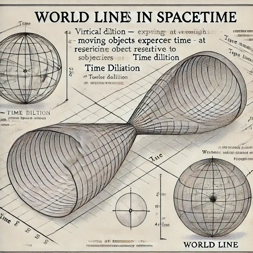 A spacetime diagram with world lines, showing the path of objects through four-dimensional space and time. The diagram contains a vertical line for a stationary object and a curved line for a high-velocity object, demonstrating time dilation effects.