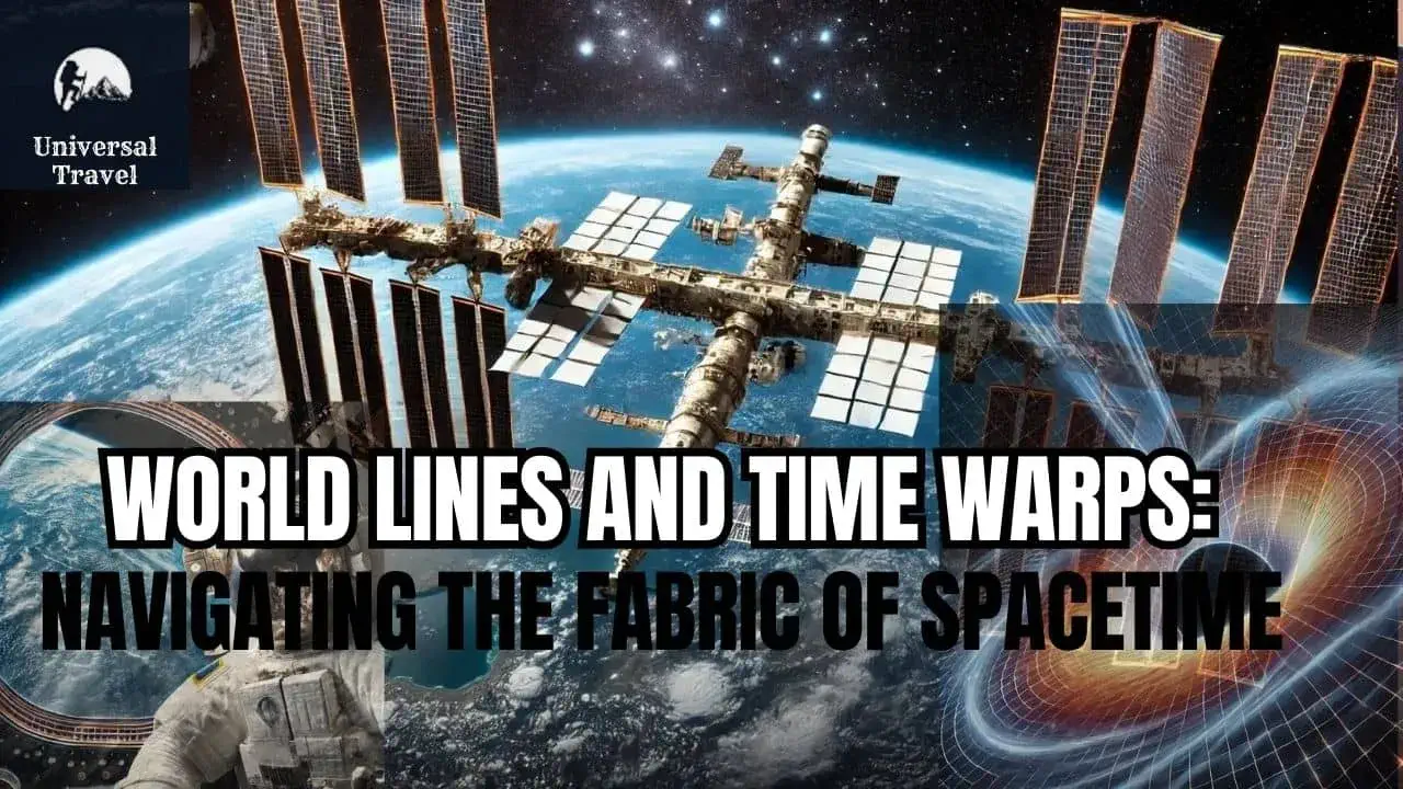 A schematic illustration of time warps and world lines in spacetime, with bent lines showing the path of objects through four-dimensional spacetime. A black hole in the center warps the surrounding spacetime, bending light and time, representing the complex interplay between time, movement